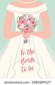 Illustration of cute bride with bouquet of flowers. Vector card for wedding concept and other uses