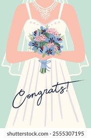 Illustration of cute bride with bouquet of flowers. Vector card for wedding concept and other uses