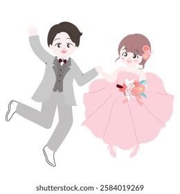 Illustration of a cute bride and groom. Full body illustration of a smiling bride and groom holding hands and jumping.