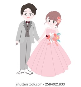 Illustration of a cute bride and groom. Full body illustration of a smiling bride and groom holding hands.