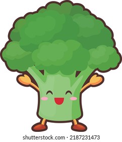 Illustration of a cute broccoli character happy with both hands up
