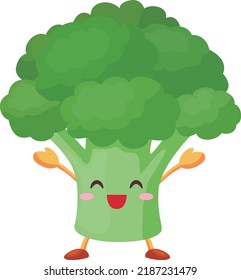 Illustration of a cute broccoli character happy with both hands up