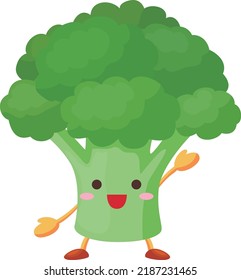 Illustration of a cute broccoli character raising one hand