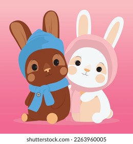 Illustration of cute brown and white rabbit doll, with diversity concept.