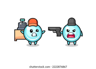 la ilustración de la tierna burbuja como cajero es apuntada con una pistola por un ladrón, diseño de estilo lindo para camiseta, pegatina, elemento logo