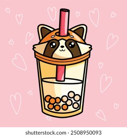 Illustration with cute bubble tea red panda. Element for print, postcard and poster. Vector Illustration. 