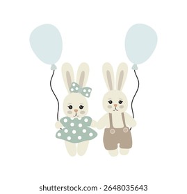 Illustration of cute bunnies with balls on a white background.