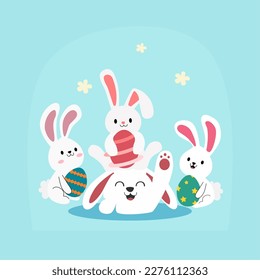 illustration of cute bunnies holding egg in pastel color