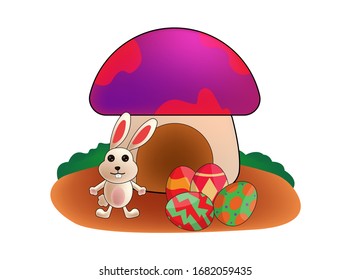 illustration cute bunny brings to eggs easter by smiling in a large mushroom garden