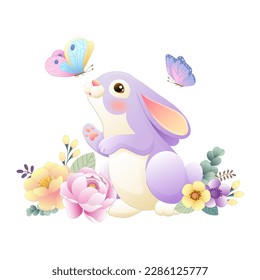 Illustration of a cute bunny with butterflies and flowers