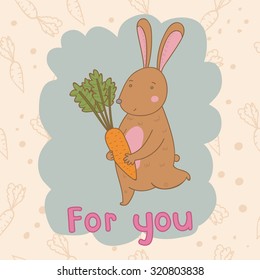Illustration cute bunny with carrot in hand, surrounded by vegetables.