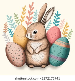 Illustration of Cute Bunny Character With Colorful Printed Eggs Against Leaves For Happy Easter Concept.