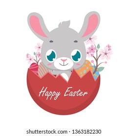 Illustration of a cute bunny in an Easter egg shell