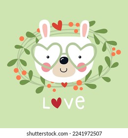  Illustration of a cute bunny face in a border of leaves and the word love below
