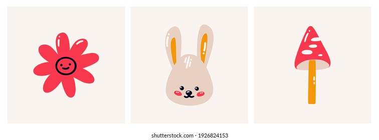 Illustration of a cute bunny, flower and fly agaric. cartoon style. Ready-made cards for children. Flat vector illustration isolated on a white background