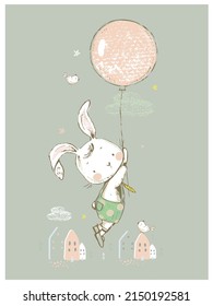 illustration of Cute Bunny flying on air Balloon. Hand drawn vector illustration 