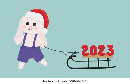 Illustration of cute bunny pulling sleigh with numbers 2023. Illustration for posters, greeting cards and seasonal design.