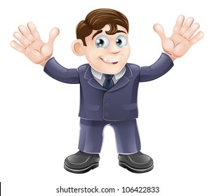 Illustration of a cute businessman in a suit waving with both hands and smiling