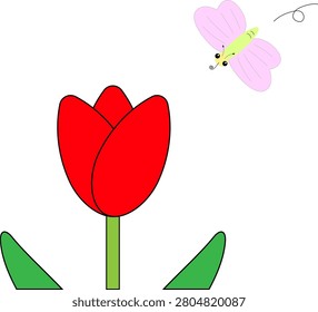An illustration of a cute butterfly approaching a red tulip flower