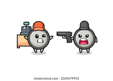 ilustración de la celda de un botón lindo como cajero es apuntada con un arma por un ladrón, diseño de estilo lindo para camiseta, pegatina, elemento logo