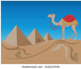 Illustration of a cute camel on the background of the three pyramids of Egypt. Journey to the East delights the mind and soul. Beautiful desert dunes, mysterious pyramids beckon with their grandeur.