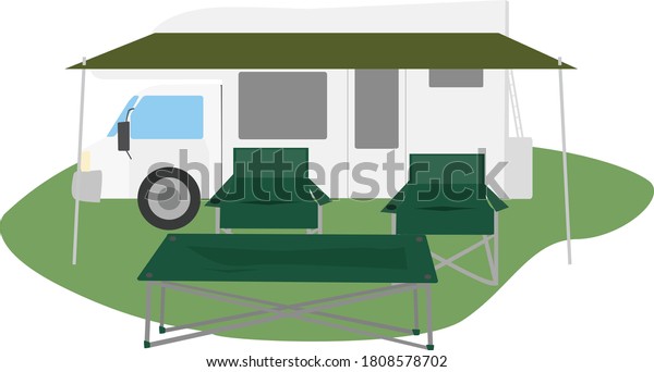 Illustration of cute\
camper and camping\
landscape