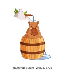 Illustration Of A Cute Capybara Enjoying A Relaxing Moment Inside A Wooden Barrel With Water Gently Pouring Over It