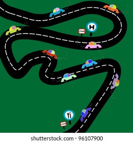 Illustration with cute cars on a highway