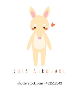 illustration of cute cartoon aardvark on white background. can be used like sticker or for birthday cards and party invitations