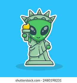 illustration cute cartoon alien become liberty vector design