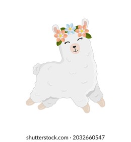 Illustration of cute cartoon alpaca with flower crown on white background. Print for t-shirts, posters, greeting cards, stickers, design and more. Cartoon llama