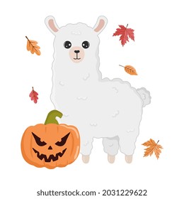 Illustration with cute cartoon alpaca, pumpkin and leaves on white background. Print for t-shirts, posters, greeting cards, design and more. Greeting card for the fall season. Cartoon llama