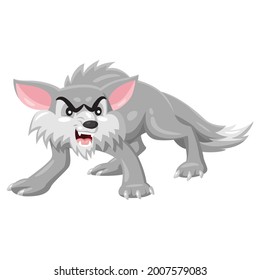 Illustration of cute cartoon angry wolf isolated on white background.