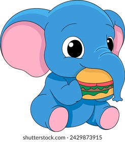 illustration of a cute cartoon animal doodle emblem, a fat blue elephant is sitting eating a big burger, creative drawing 