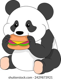 illustration of a cute cartoon animal doodle emblem, a fat panda is eating a delicious burger, creative drawing 