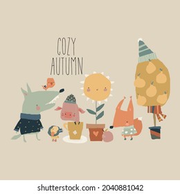 Illustration with Cute Cartoon Animals and Autumn Elements