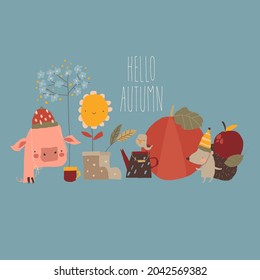 Illustration with Cute Cartoon Animals and Autumn Elements