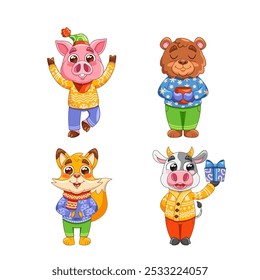 Illustration Cute Cartoon Animals Dressed In Festive Winter Clothes. Vector Pig, Bear, Fox, And Cow Celebrate Christmas