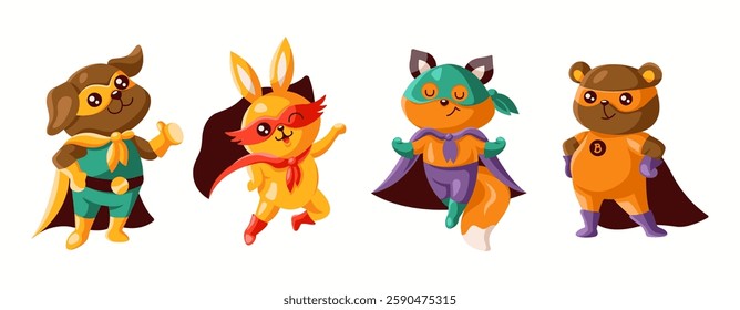 Illustration of cute cartoon animals dressed as superheroes with vibrant masks and capes. They embody playful and brave personas, each uniquely styled.