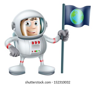 An illustration of a cute cartoon astronaut planting an earth flag