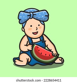 illustration of cute cartoon baby bring watermelon 