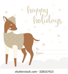 illustration of cute cartoon baby deer in sweater and hat with happy holidays text message. can be used for winter greeting cards and party invitations