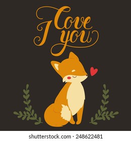 illustration of cute cartoon baby fox with leaves and berries and i love you text message on dark background. can be used for valentine's day greeting cards