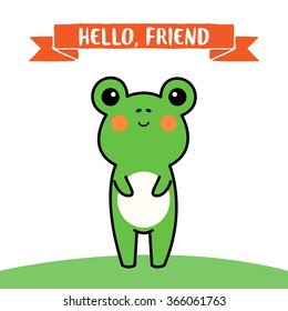 illustration of cute cartoon baby frog with hello friend text message on white background. can be used for greeting cards or birthday invitations