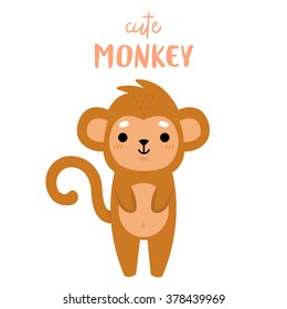 illustration of cute cartoon baby monkey on white background. can be used for greeting cards or birthday invitations