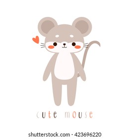 illustration of cute cartoon baby mouse on white background. can be used like sticker or for birthday cards and party invitations