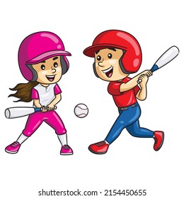 Illustration of cute cartoon baseball and softball.