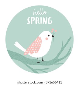 illustration of cute cartoon bird with branch with berries into circle with hello spring text message. can be used for greeting cards, invitations or like stickers for decor