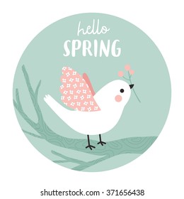 illustration of cute cartoon bird with branch with berries into circle with hello spring text message. can be used for greeting cards, invitations or like stickers for decor