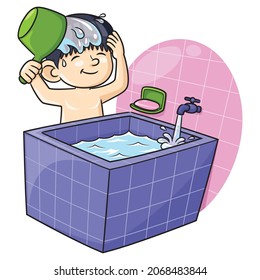 Illustration of cute cartoon boy bathing with a dipper.